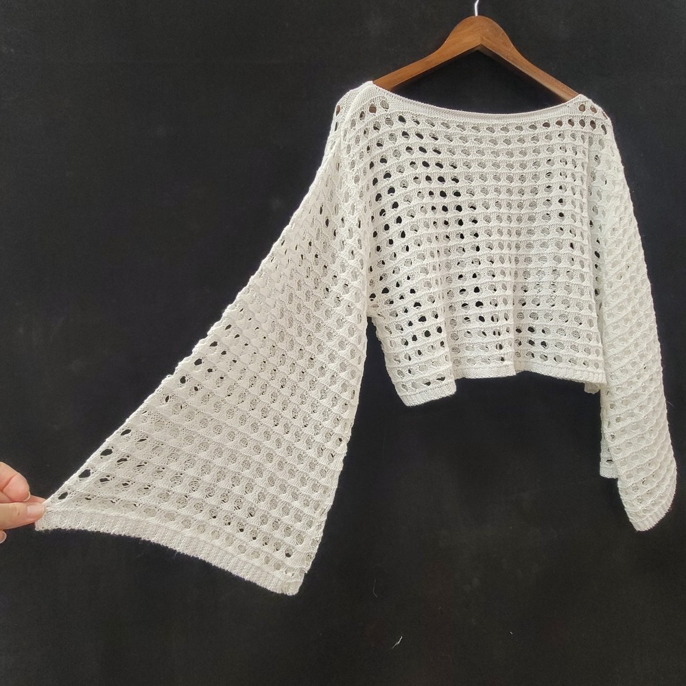 Womens White Open Knit Flare Sleeve Top Size XL Festival Large Hole Goth Grunge